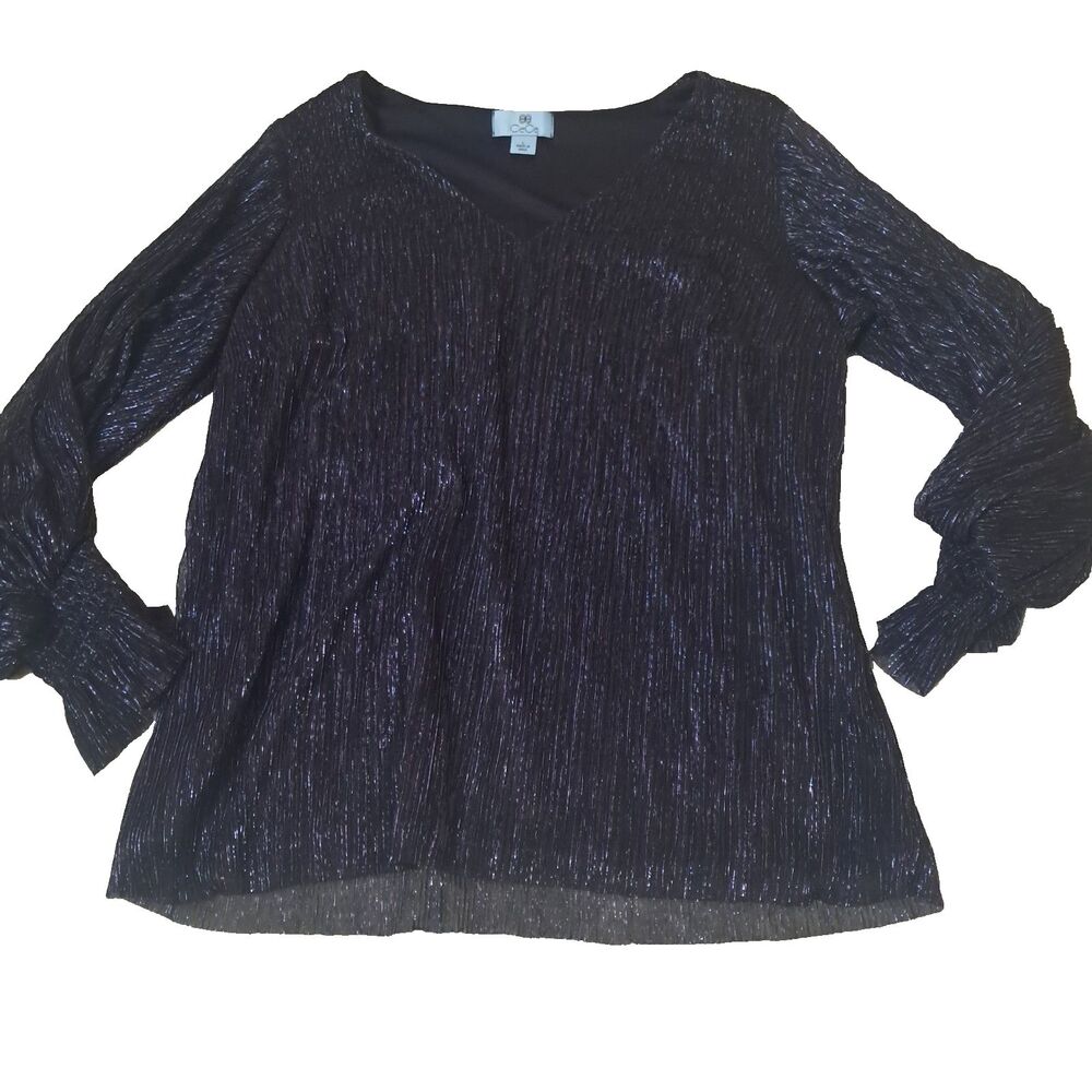 CeCe Womens Navy Blue Metallic Shimmer Blouse Large V Neck Long Sleeve Dress Top